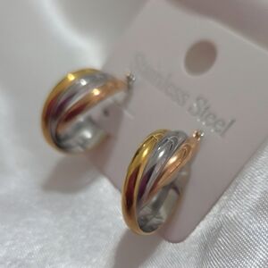 Tri-Color Overlapping Triple Hoops 18K Gold Plated Stainless Steel Earrings